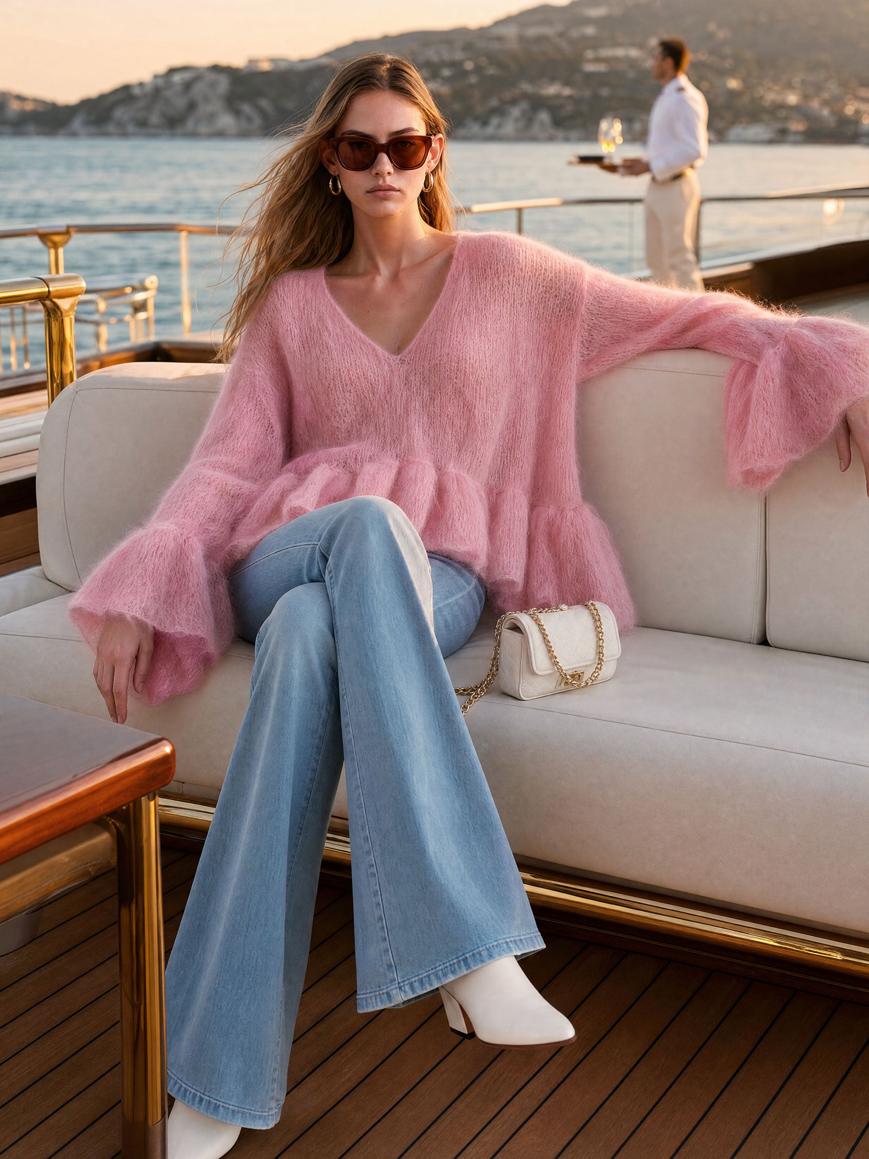 Warm And Elegant V-neck Ruffled Pink Long-haired Knit Pullover