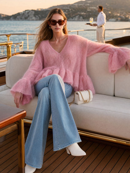 Warm And Elegant V-neck Ruffled Pink Long-haired Knit Pullover