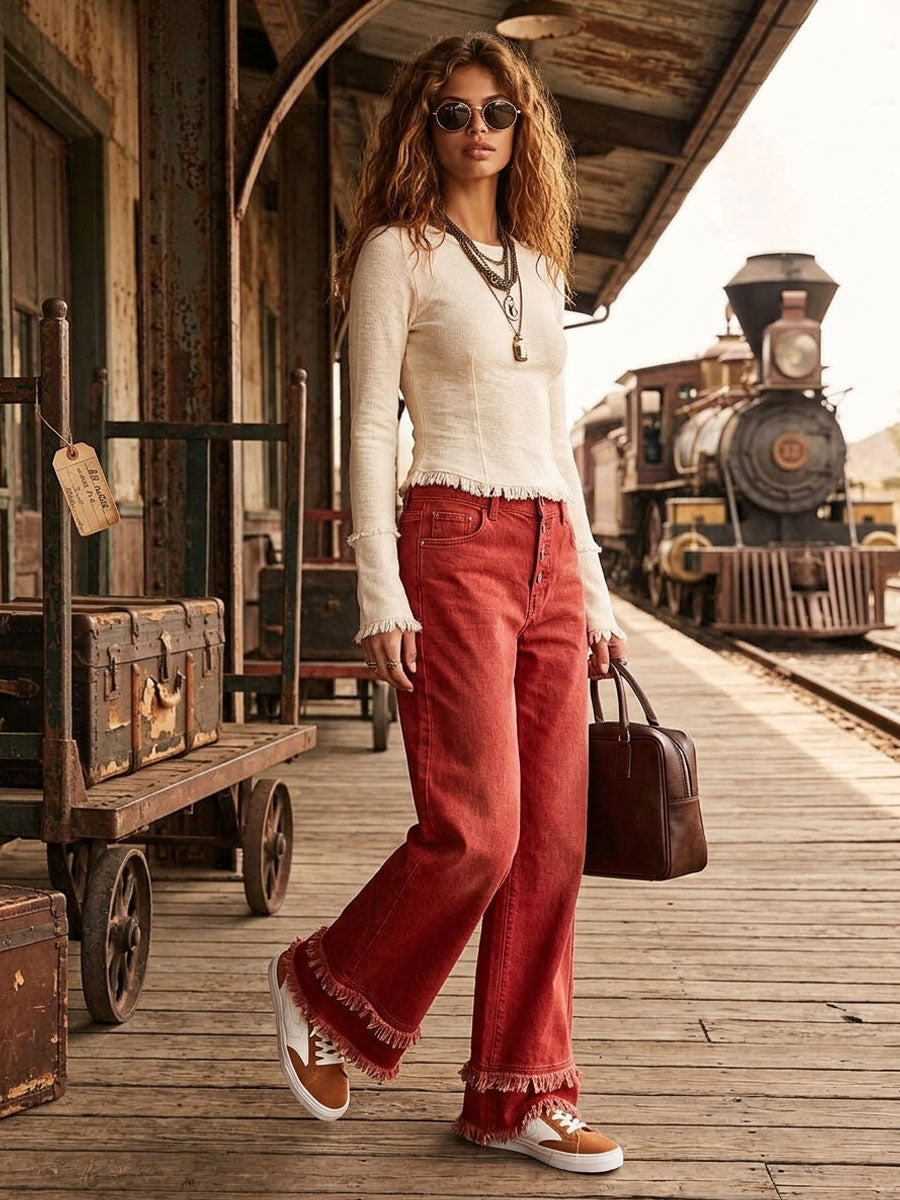 Western Retro Frayed Red Jeans
