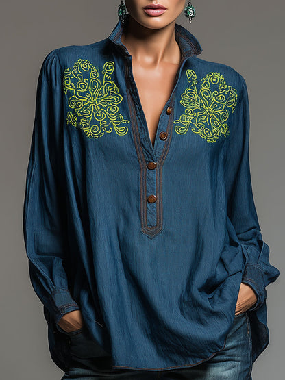 Western Retro Embroidered Blue Denim Shirt