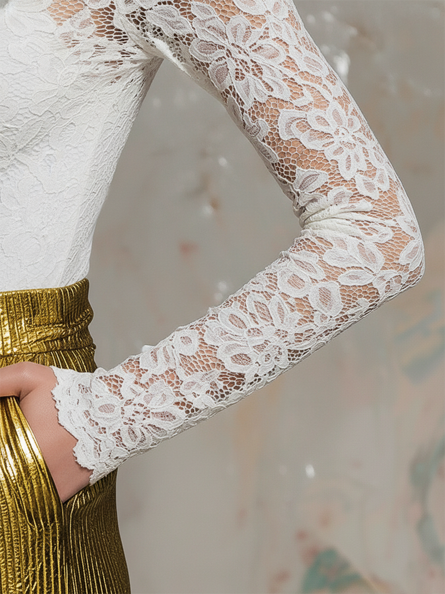 Stylish Elegant Stand-up Collar Lace Long Sleeve T-shirt