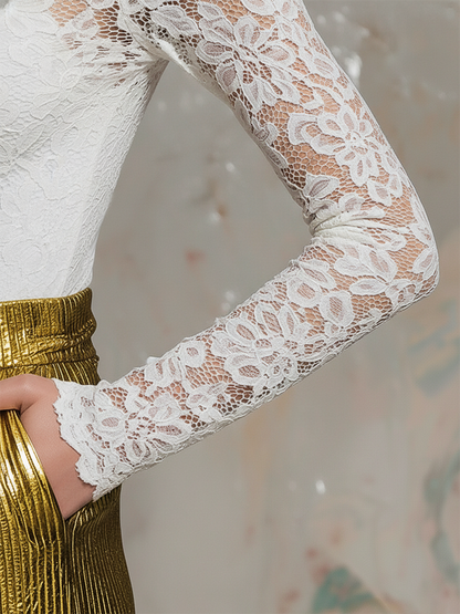 Stylish Elegant Stand-up Collar Lace Long Sleeve T-shirt