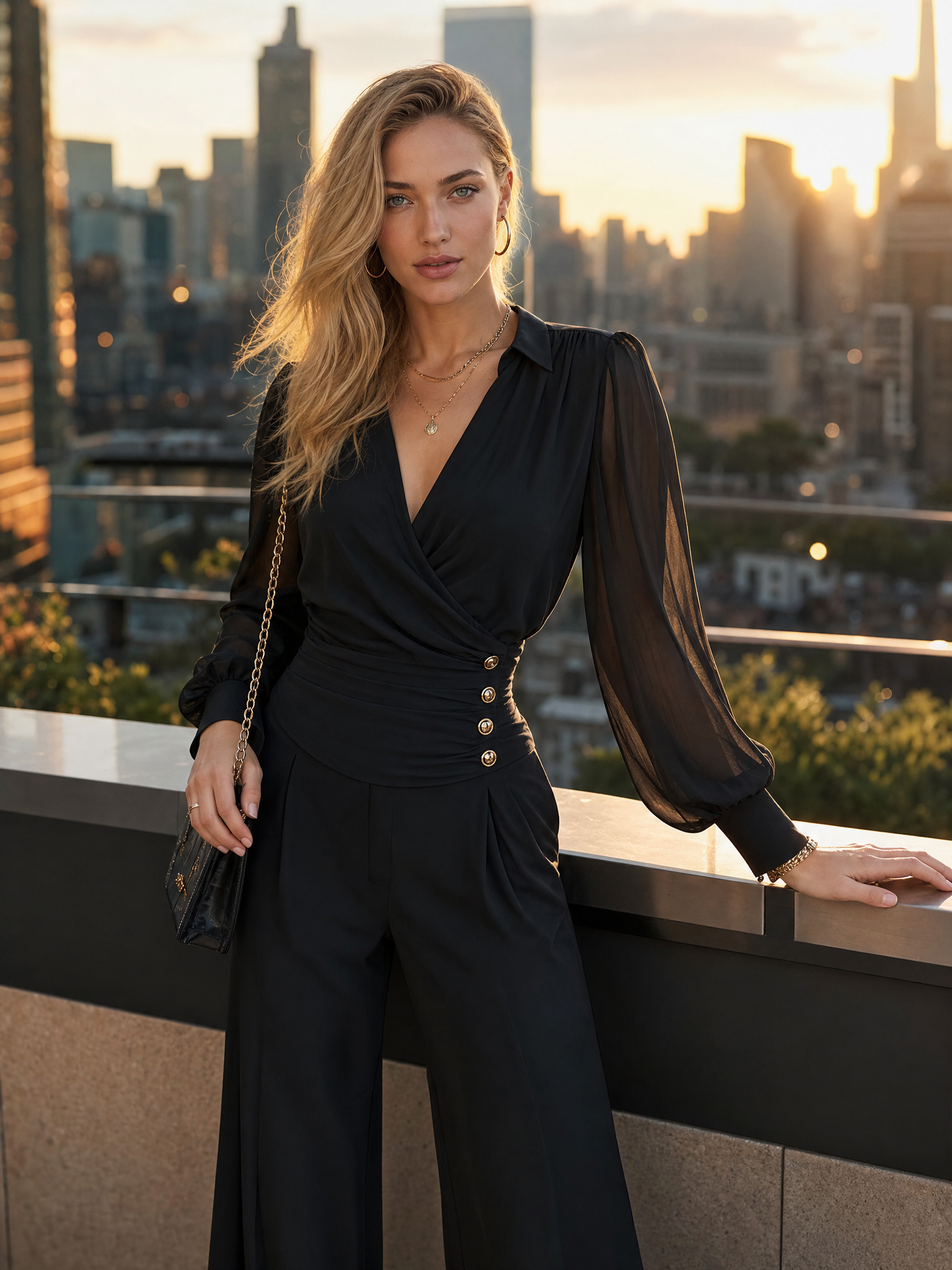 Elegant Classic V-neck Mesh Sleeves Black Satin Long-sleeve Blouse