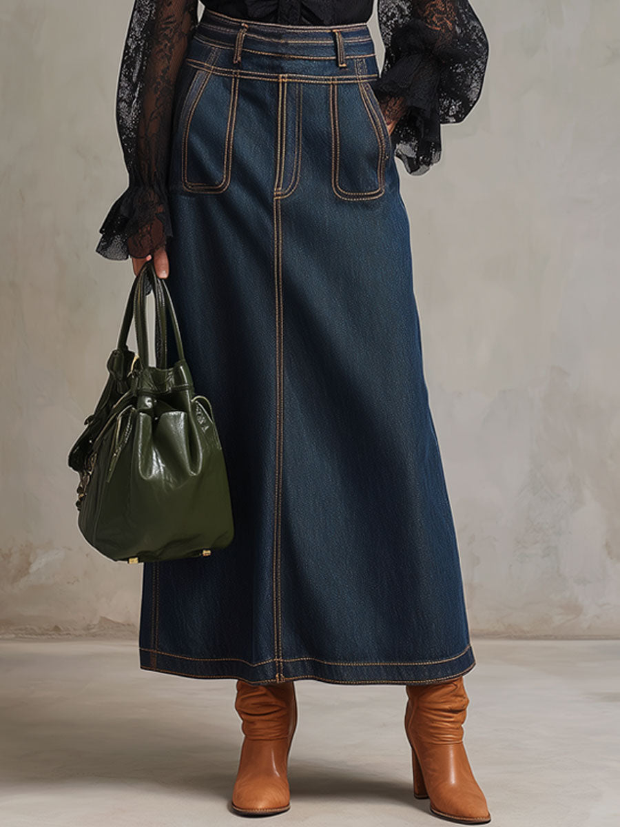 Fashionable Retro Color-blocked Navy Blue Denim Midi Skirt