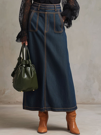 Fashionable Retro Color-blocked Navy Blue Denim Midi Skirt