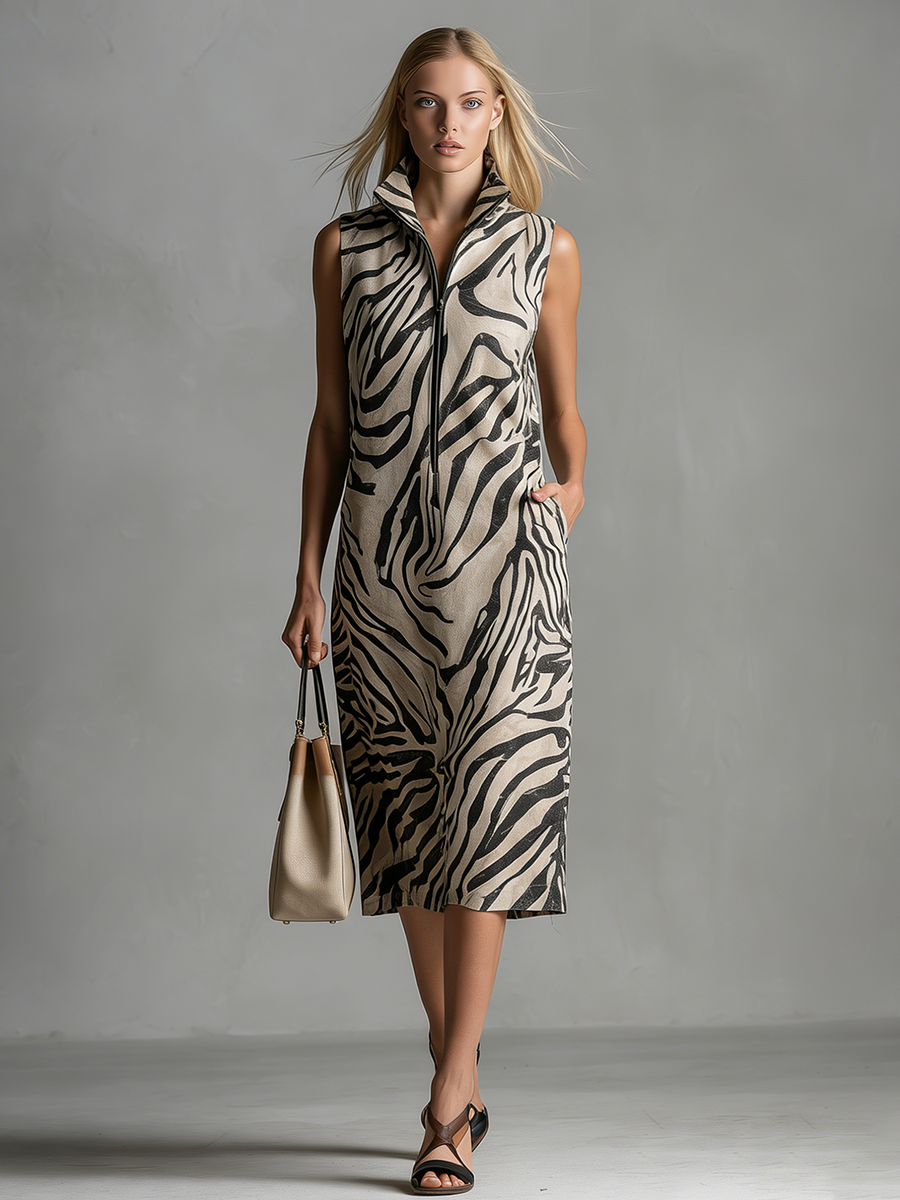 Stylish Retro-style Lapel Zipper Sleeveless Zebra Print Midi Dress