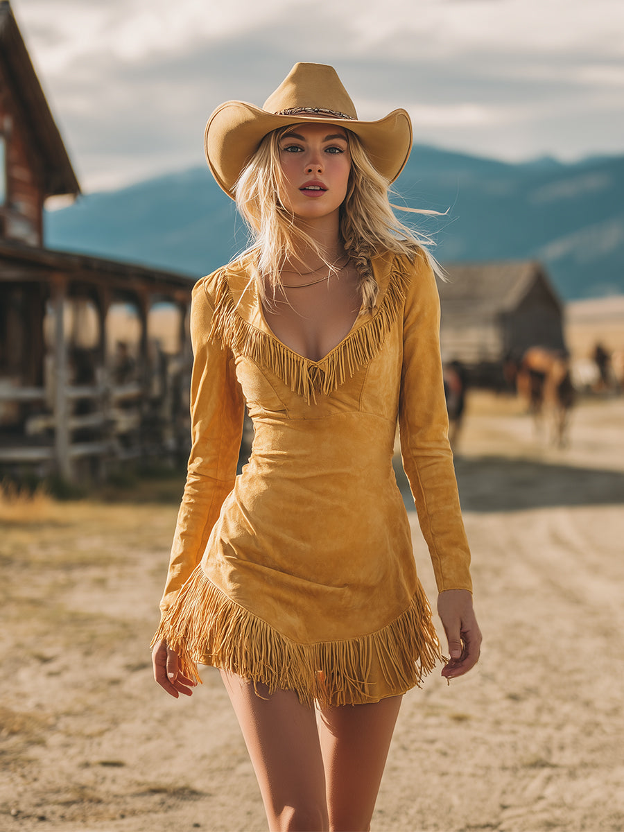 Stylish Retro Western-style Yellow Faux Suede Fringed Mini Dress