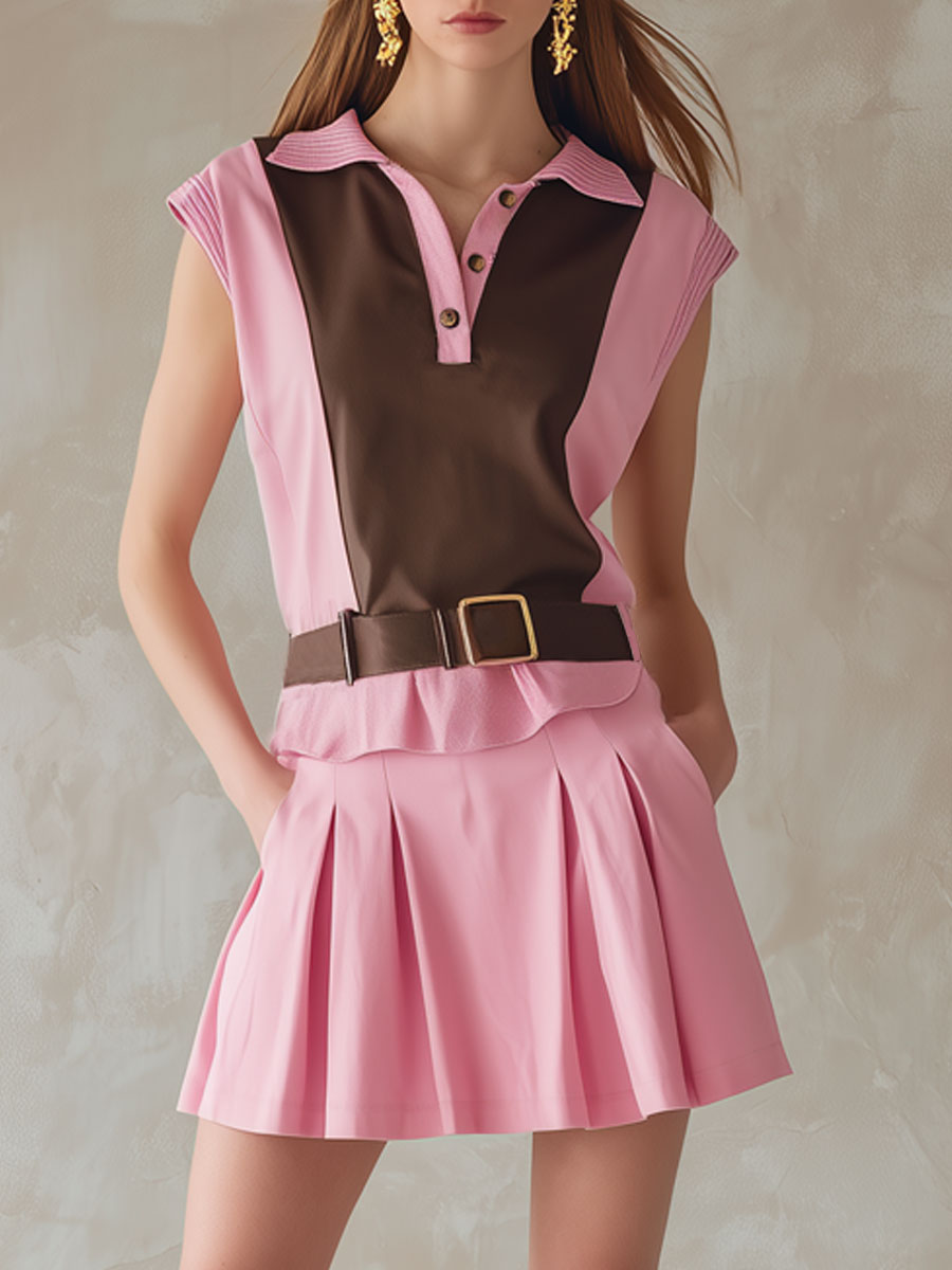 Casual Retro Sporty Brown And Pink Tie-front Top And Pleated Skirt Set