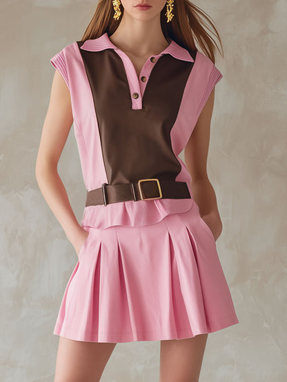 Casual Retro Sporty Brown And Pink Tie-front Top And Pleated Skirt Set