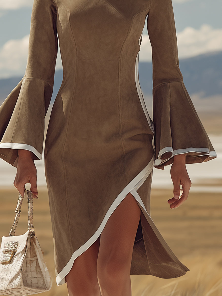 Casual Retro 3D Floral White Trim Khaki Faux Suede Midi Dress