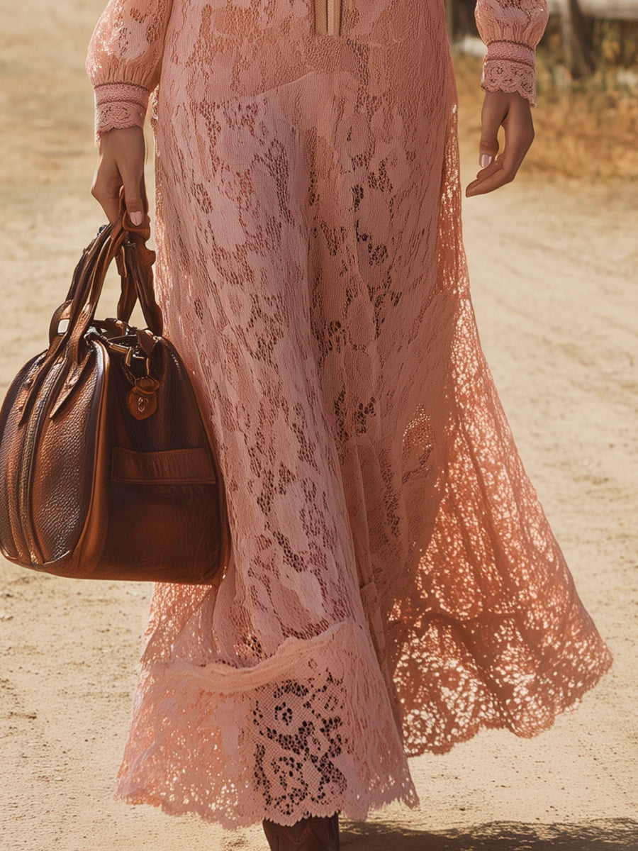 Elegant Pink Lace Long-sleeved Zip-up Maxi Dress