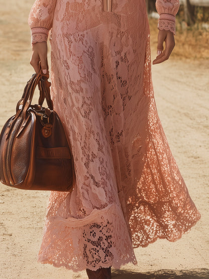 Elegant Pink Lace Long-sleeved Zip-up Maxi Dress