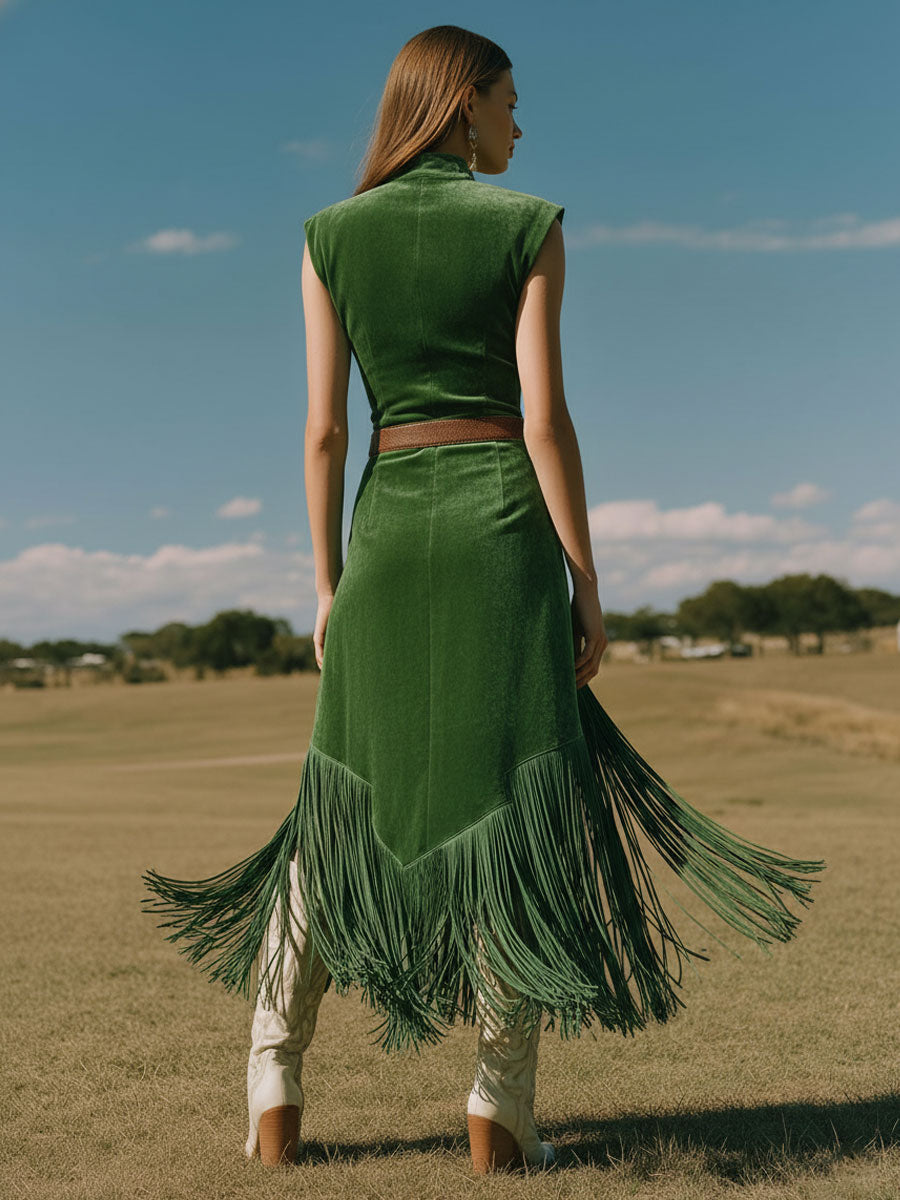 Western Retro Green Tassel Faux Suede Slit Sleeveless Midi Dress