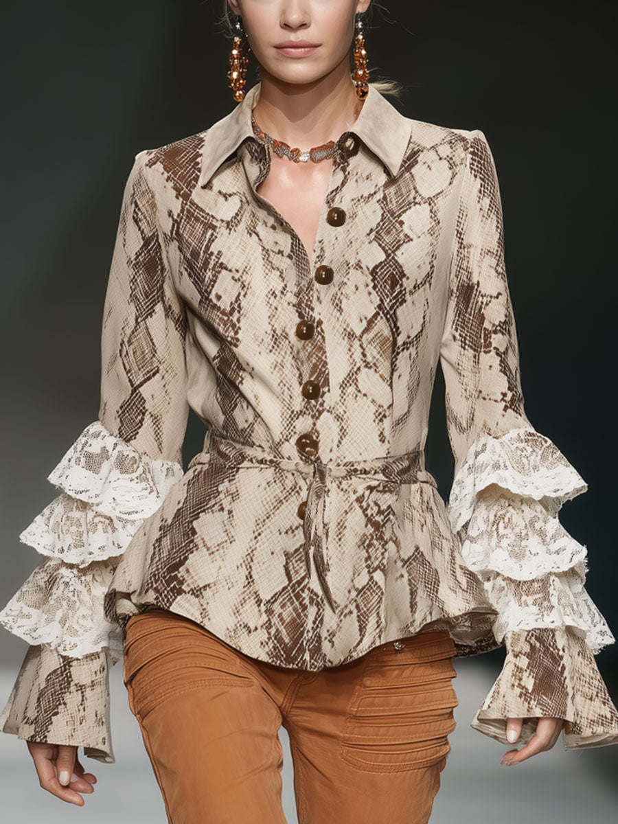 Fashionable Retro Lace Ruffle Snakeskin Beige Faux Suede Long-sleeved Shirt
