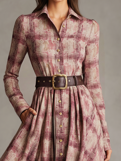 Retro Western Pink Long-Sleeved Maxi Dress