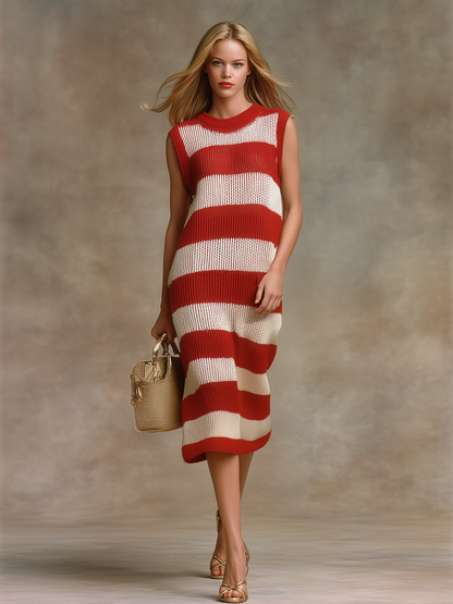 Retro And Stylish Striped Sleeveless Knitted Midi Dress