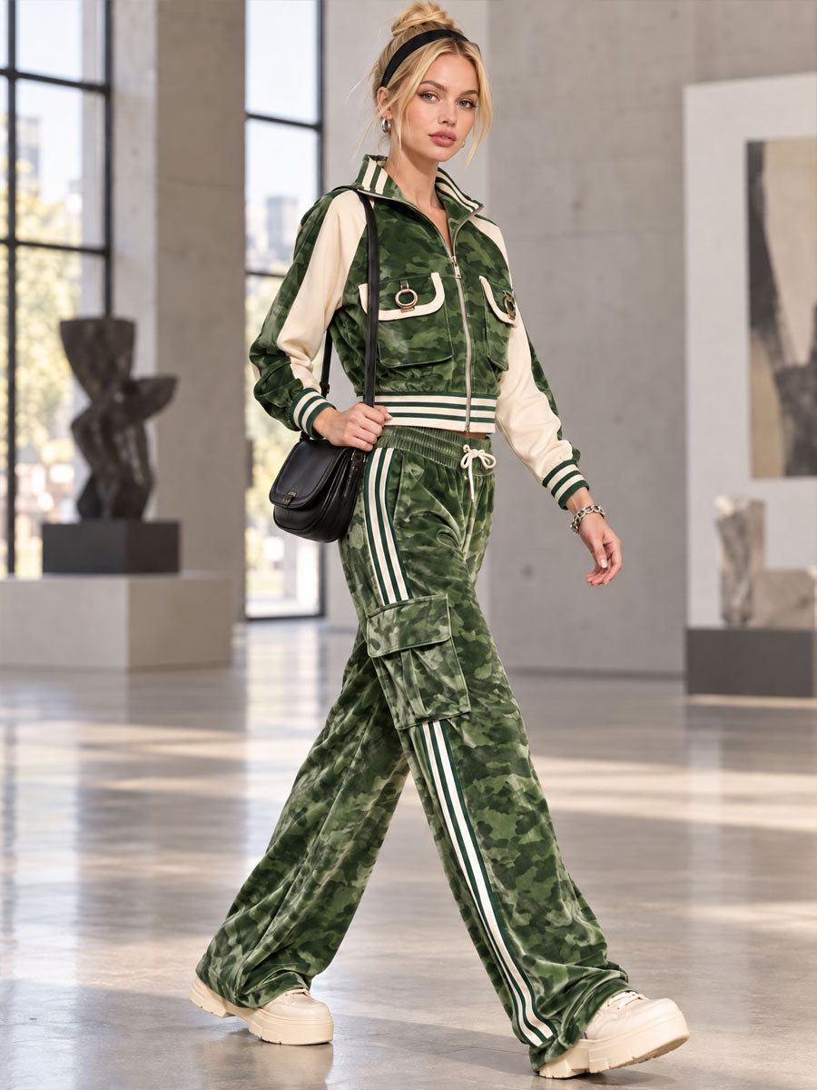 Stylish Retro Green Camouflage Velvet Print Jacket And Pants Set