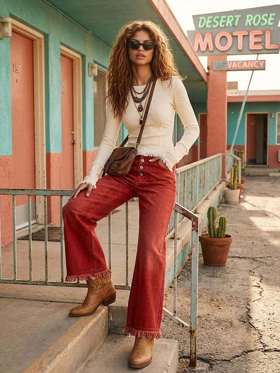 Western Retro Frayed Red Jeans
