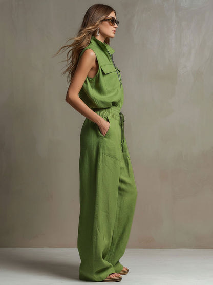 Casual Retro Green Cotton Linen Sleeveless Zip-up Shirt And Wide-leg Pants Set