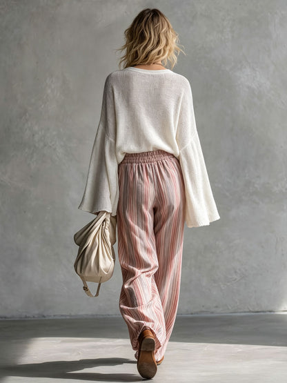 Casual Retro White Knitted V-neck Flared Long-sleeved Pullover