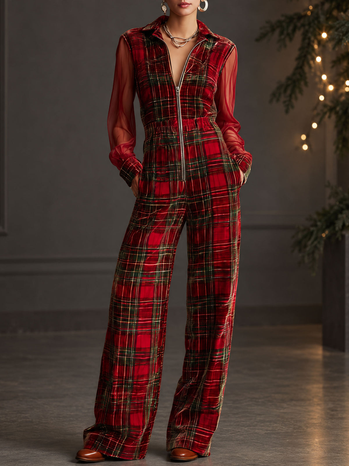 Retro Long-sleeved Mesh Red And Green Plaid Velvet Wide-leg Jumpsuit