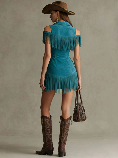 Western Retro Peacock Blue Faux Suede Hollow-Out Tassel Mini Dress