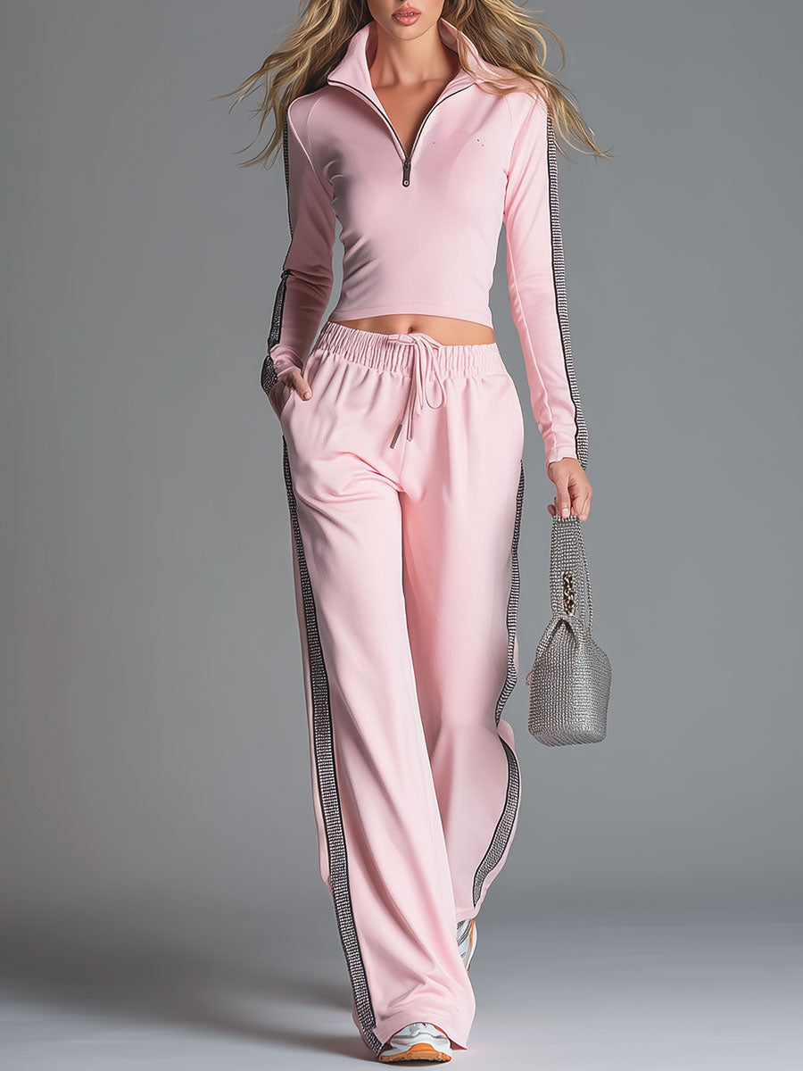 Fashionable Sporty Collared Pink Long-sleeved Zip-up Top And Pants Set