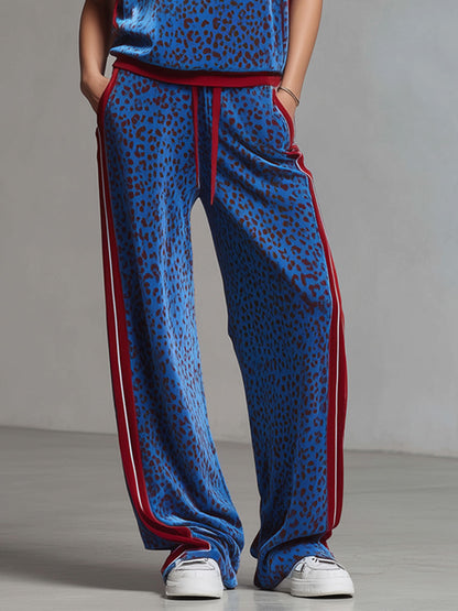 Leopard Print Hooded Sleeveless Top And Velvet Trousers Set