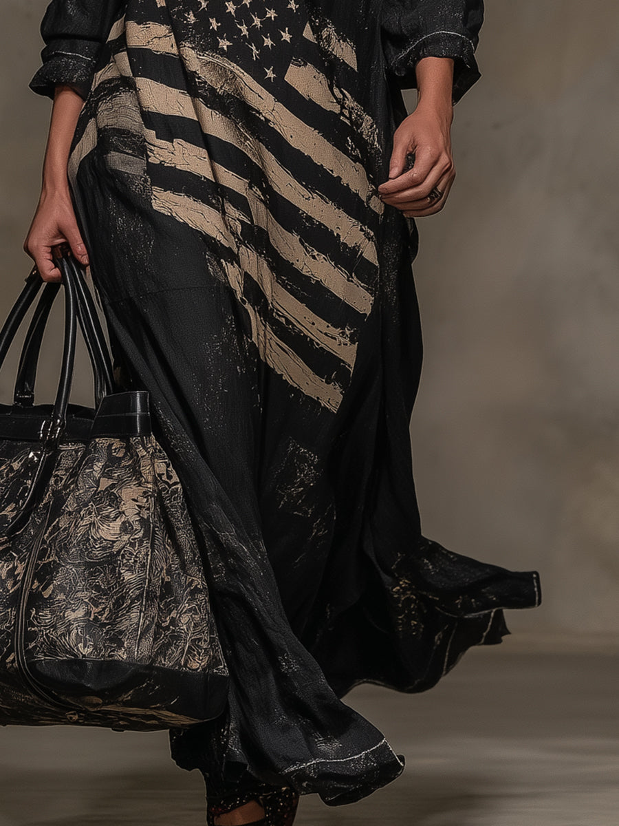 Western Black Linen V-Neck Maxi Dress With American Flag Pattern