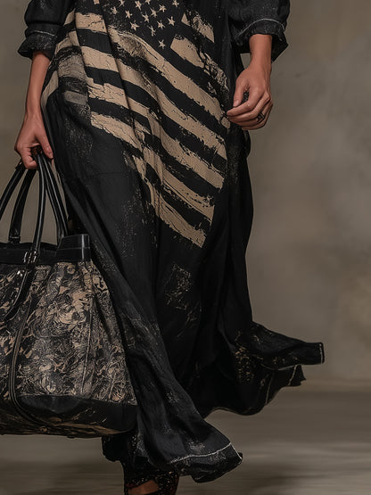 Western Black Linen V-Neck Maxi Dress With American Flag Pattern