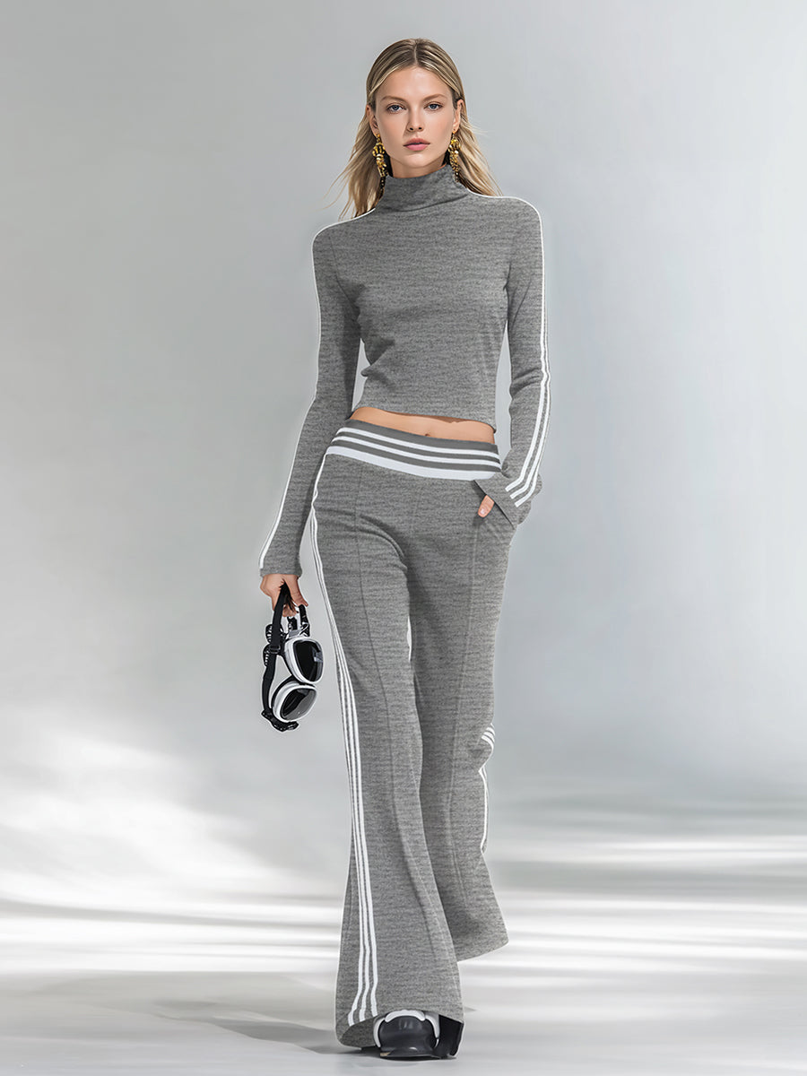 Sporty And Stylish Stand-up Collar T-shirt And Flared Pants Set