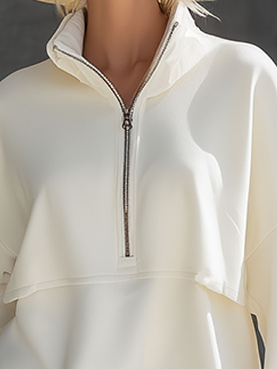 Stylish Sporty White Half-zip Ruffled Hem Mini Dress