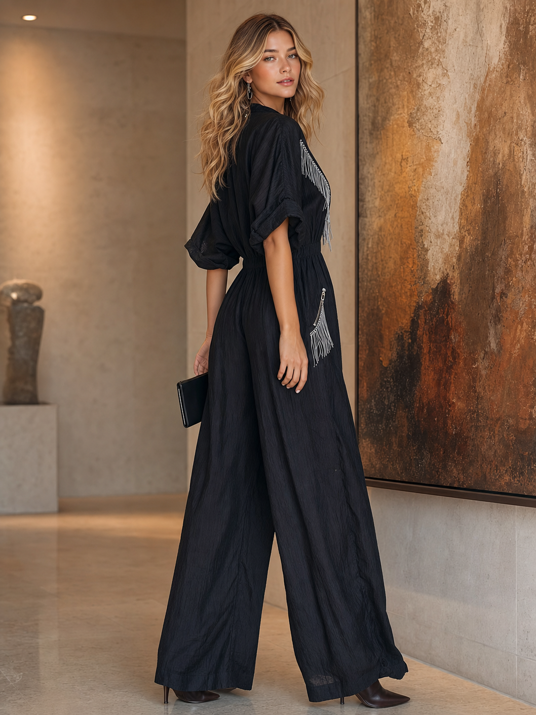 Urban Boho V-neck Front Zipper Black Cotton-linen Jumpsuit With Tassels