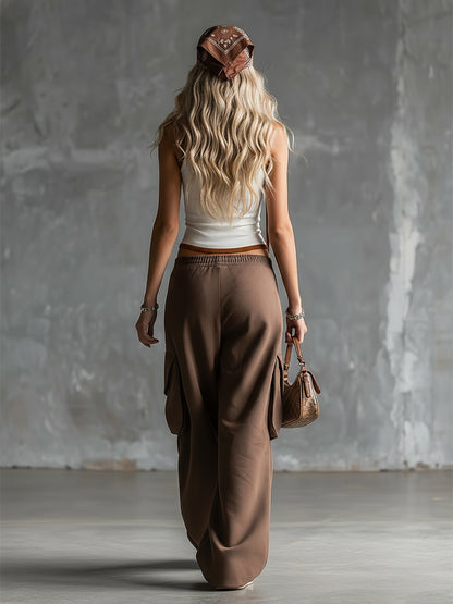 Stylish Sporty White Tank Top And Brown Sweatpants Set