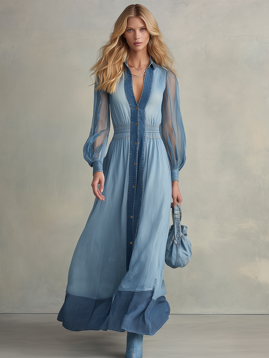 Vintage Sheer Lantern-sleeve Contrast-panel Denim Dress