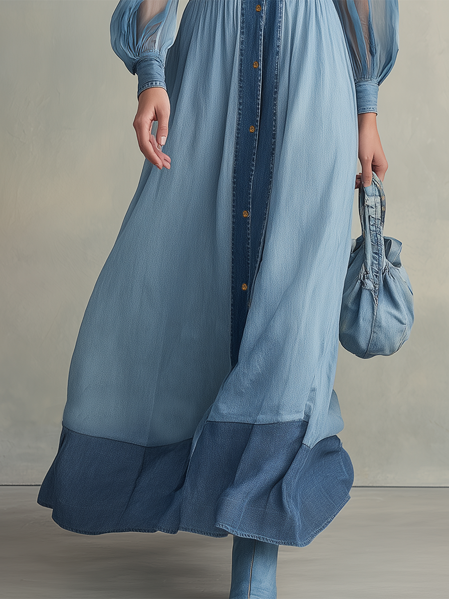 Vintage Sheer Lantern-sleeve Contrast-panel Denim Dress