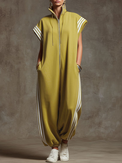 Casual Sports White Webbing Yellow-green Sleeveless Jumpsuit