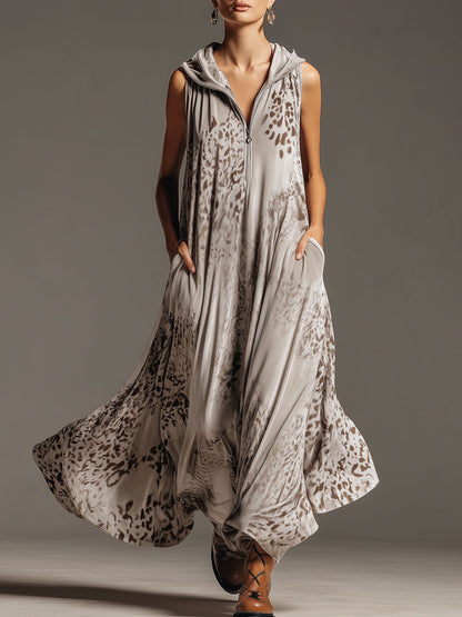 Western Retro Leopard Print Gray Velvet Hooded Maxi Dress