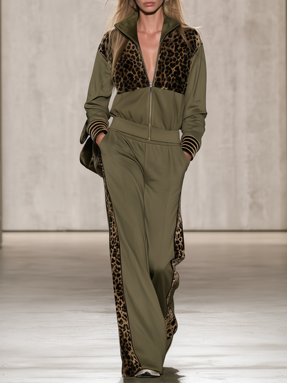Retro-casual Elegant Leopard-print Velvet-paneled Cotton-blend Sweatshirt And Sweatpants Set