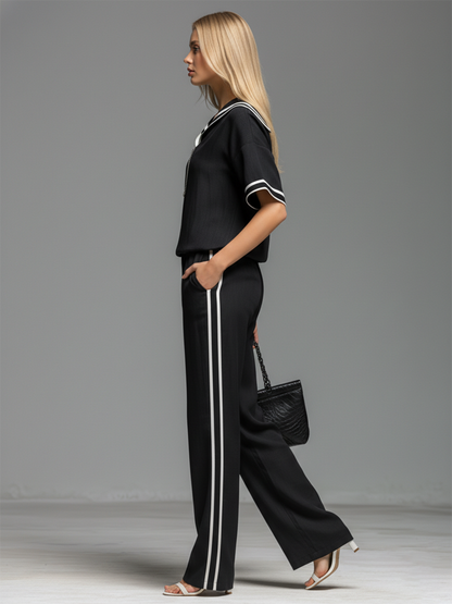 Casual And Comfortable Lapel Collar Zip-up Batwing Short-sleeved Top And Trousers Set