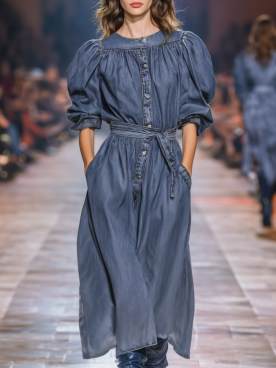 Fashionable Retro Round Neck Denim Loose Midi Dress