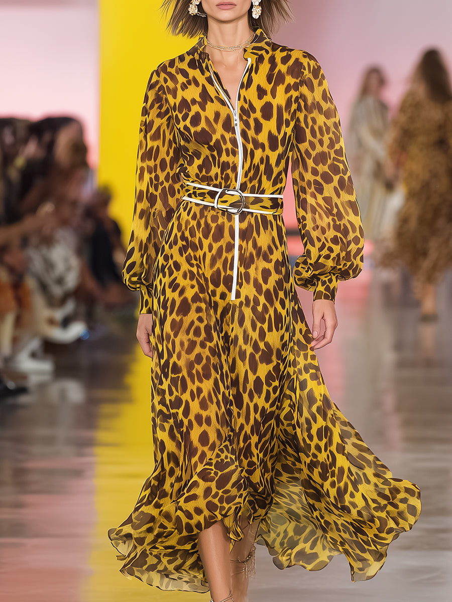 Retro Casual Stand-up Collar Yellow Leopard Print Chiffon Maxi Dress