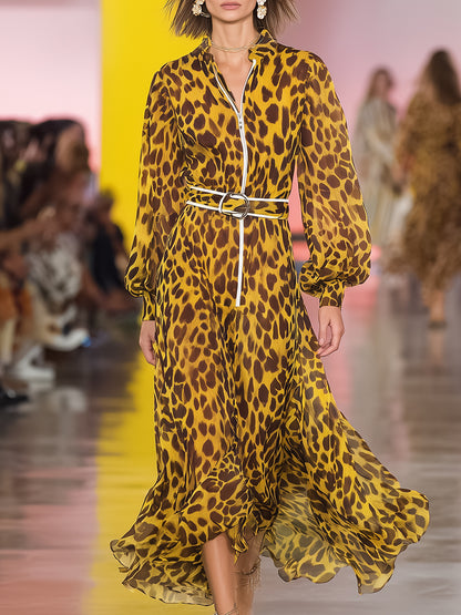 Retro Casual Stand-up Collar Yellow Leopard Print Chiffon Maxi Dress