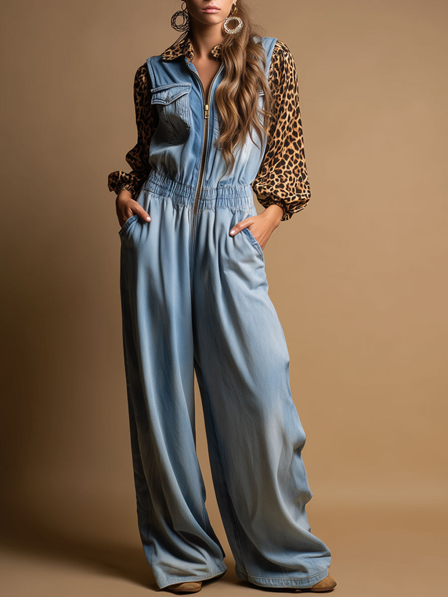 Western Retro Long-Sleeved Chiffon Leopard Print Light Blue Denim Wide-Leg Jumpsuit