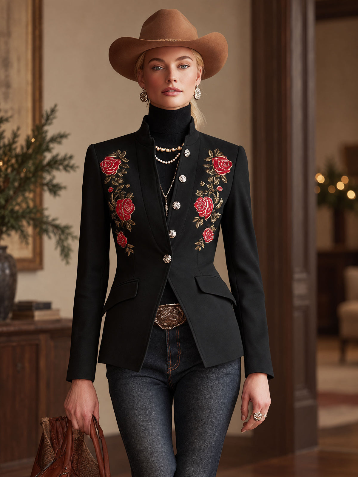 Stand Collar Single-breasted Rose Embroidered Woolen Blazer