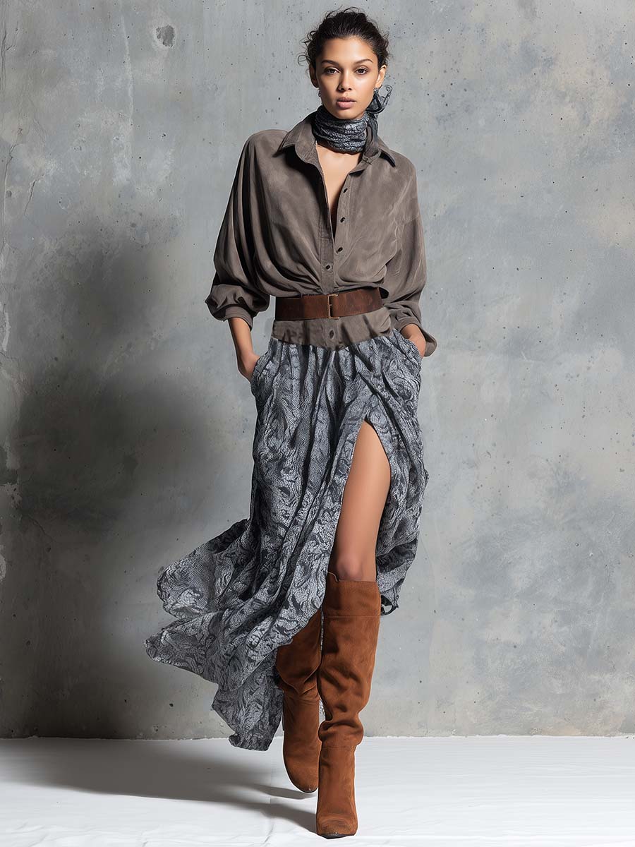 Vintage Western Flowing Front-buttoned Brown Suede And Chiffon Printed Hem Slit Maxi Dress