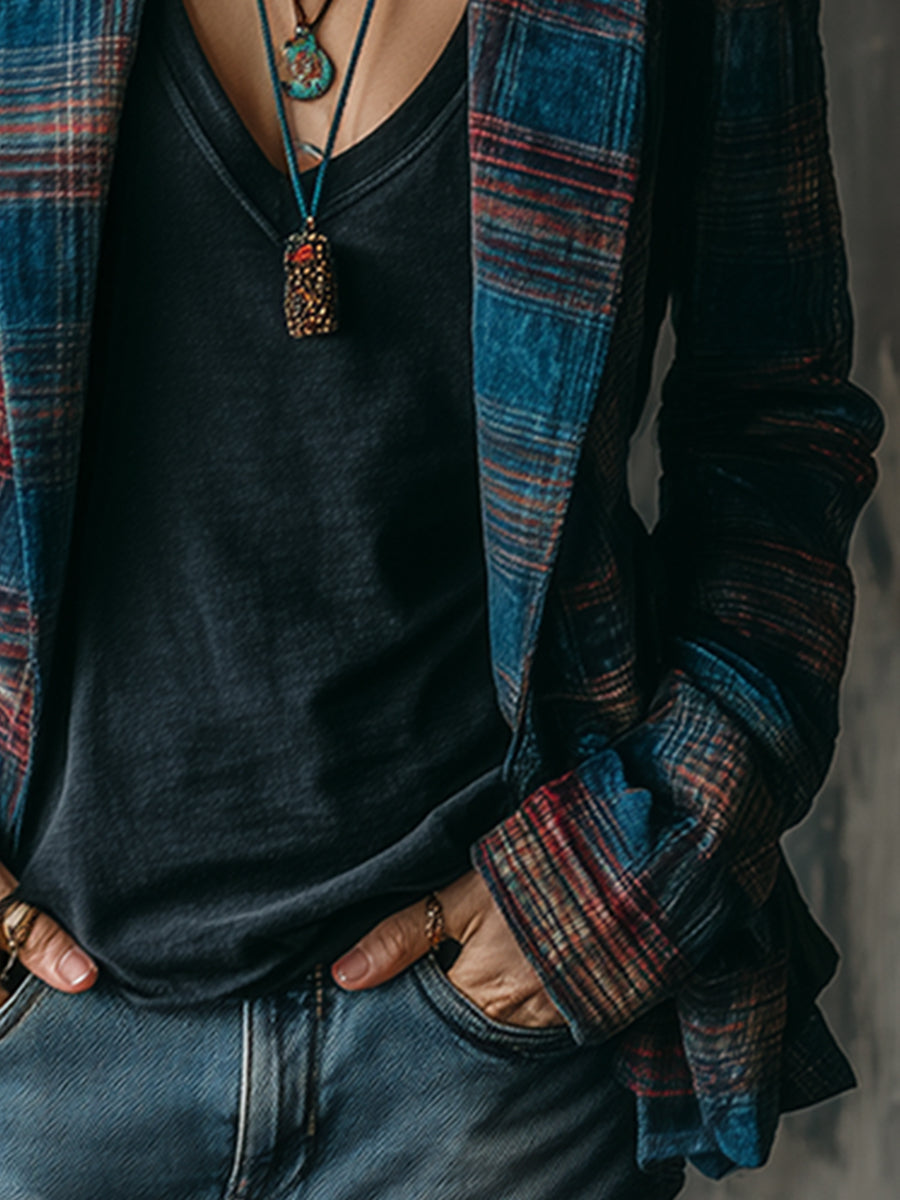 Retro Navy Blue And Red Plaid Velvet Loose Blazer