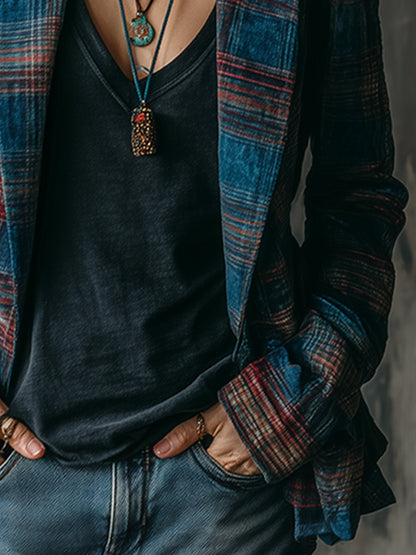 Retro Navy Blue And Red Plaid Velvet Loose Blazer