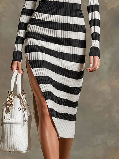 Retro Black And White Striped Knit Off-shoulder Slit Midi Dress