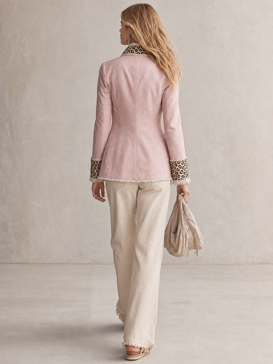 Light-luxury Leopard-panel Raw-edge Denim Blazer